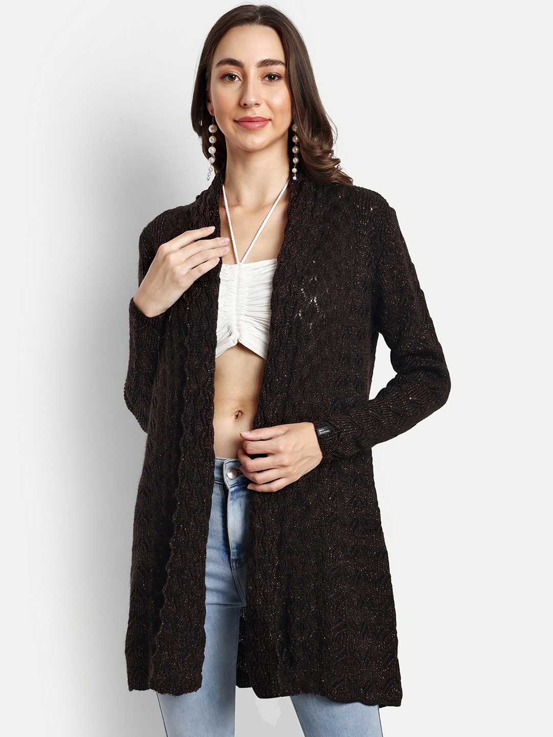 

CREATIVE LINE Women Self Design Knitted Longline Wool Shrug, Brown