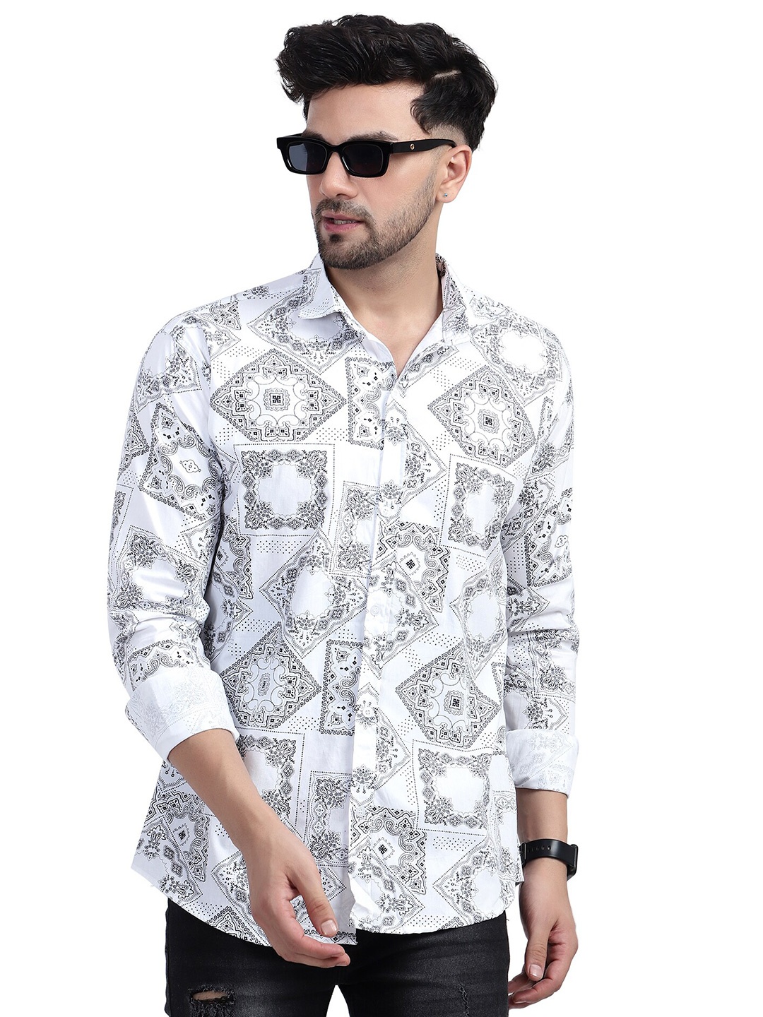 

PLUS 91 Comfort Ethnic Motif Printed Spread Collar Cotton Casual Shirt, White