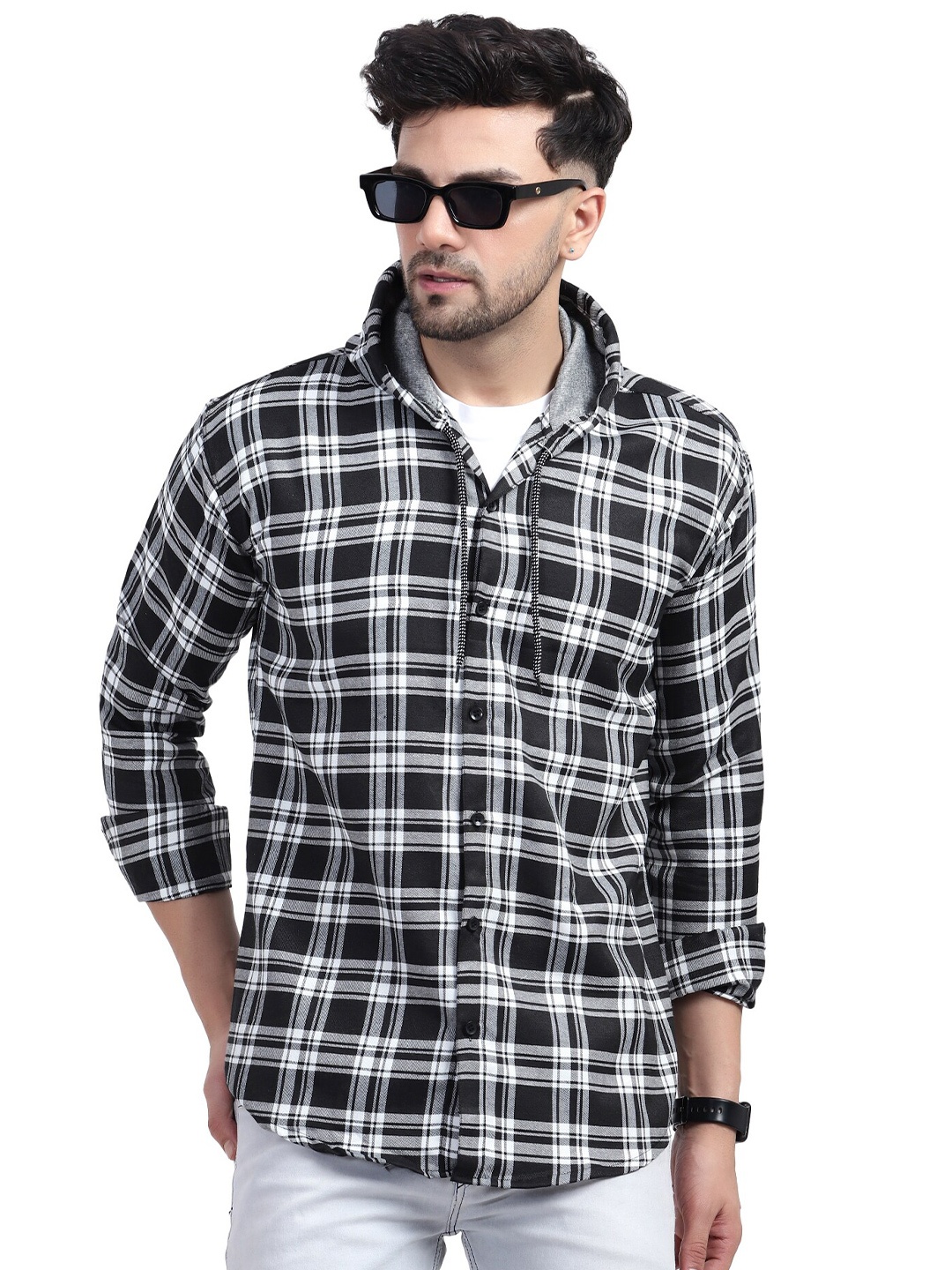 

PLUS 91 Comfort Tartan Checks Hood Neck Cotton Casual Shirt, Black