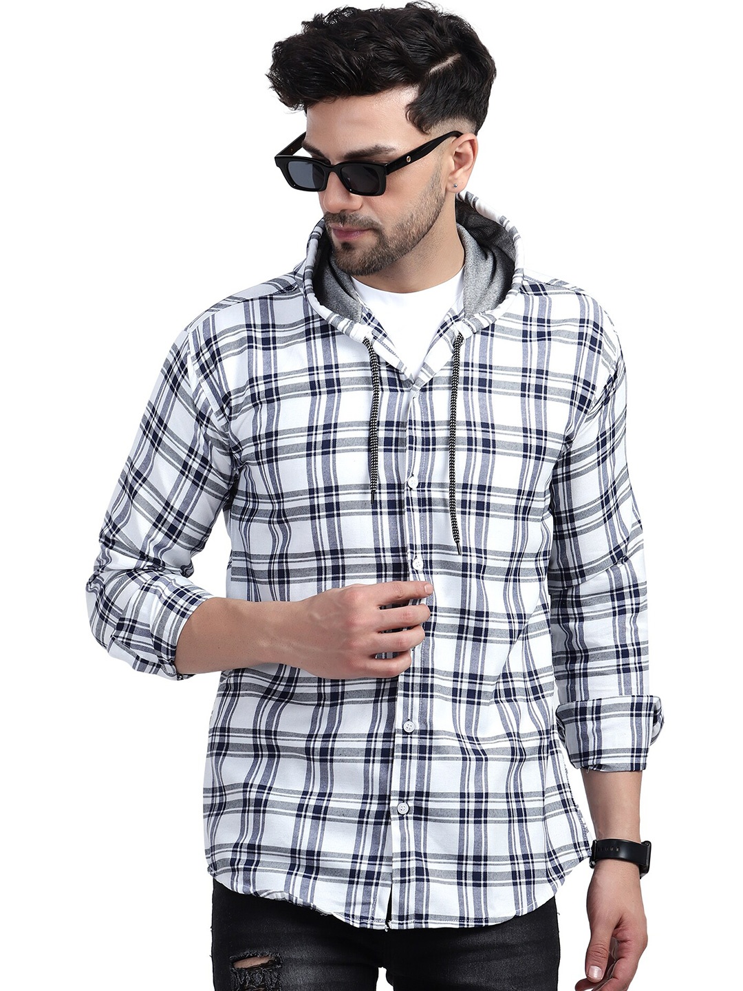

PLUS 91 Comfort Tartan Checks Hood Neck Cotton Casual Shirt, White
