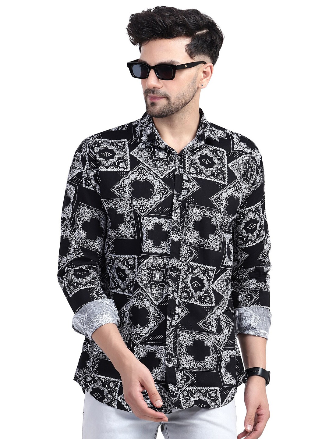 

PLUS 91 Comfort Opaque Printed Casual Shirt, Black