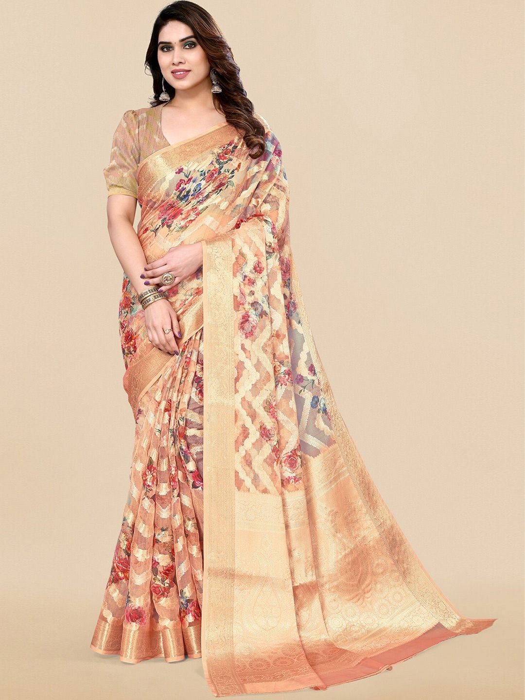 

MIRCHI FASHION Orange & Gold-Toned Floral Printed Zari Organza Saree