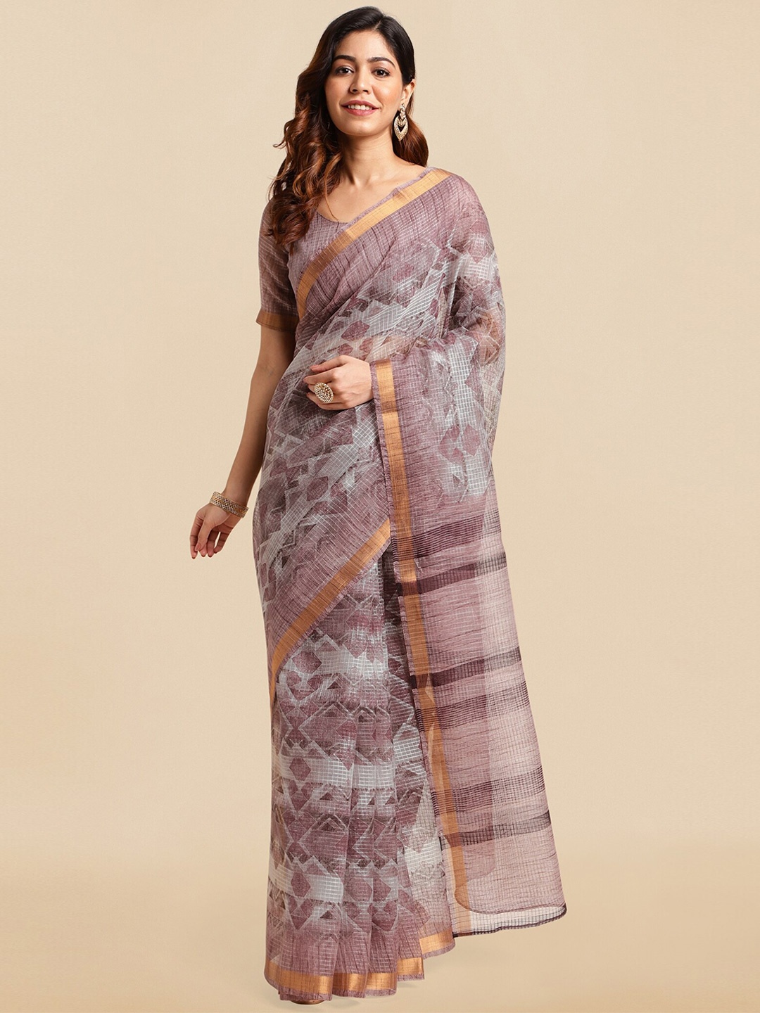 

MIRCHI FASHION Grey & Burgundy Geometric Printed Zari Kota Saree