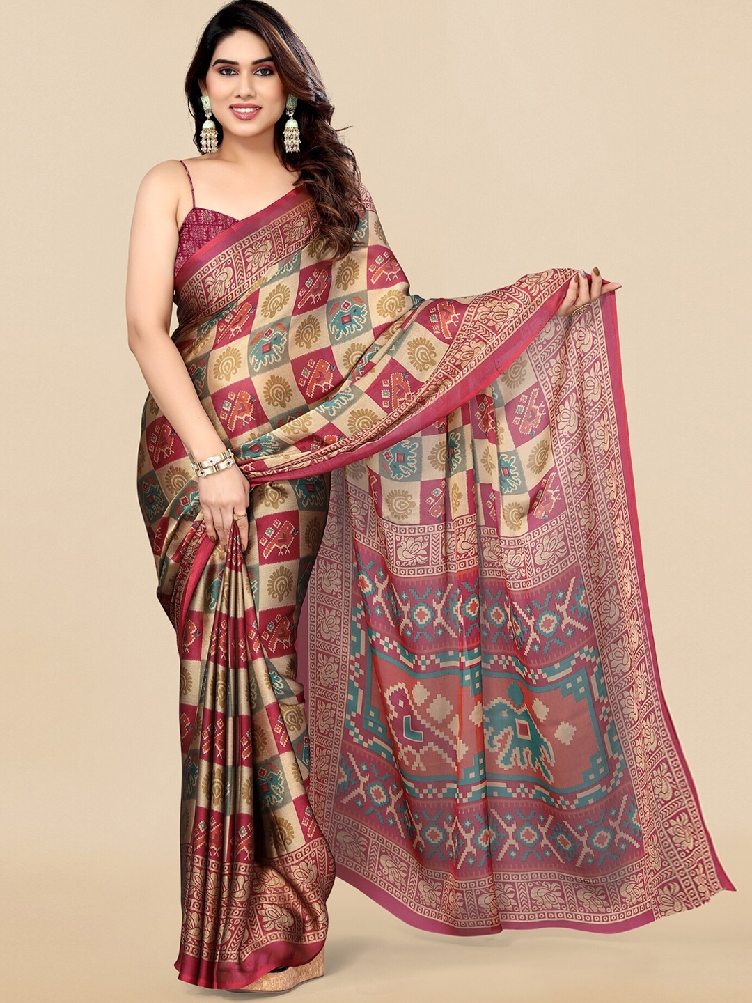 

MIRCHI FASHION Pink & Blue Ethnic Motifs Printed Ikat Saree