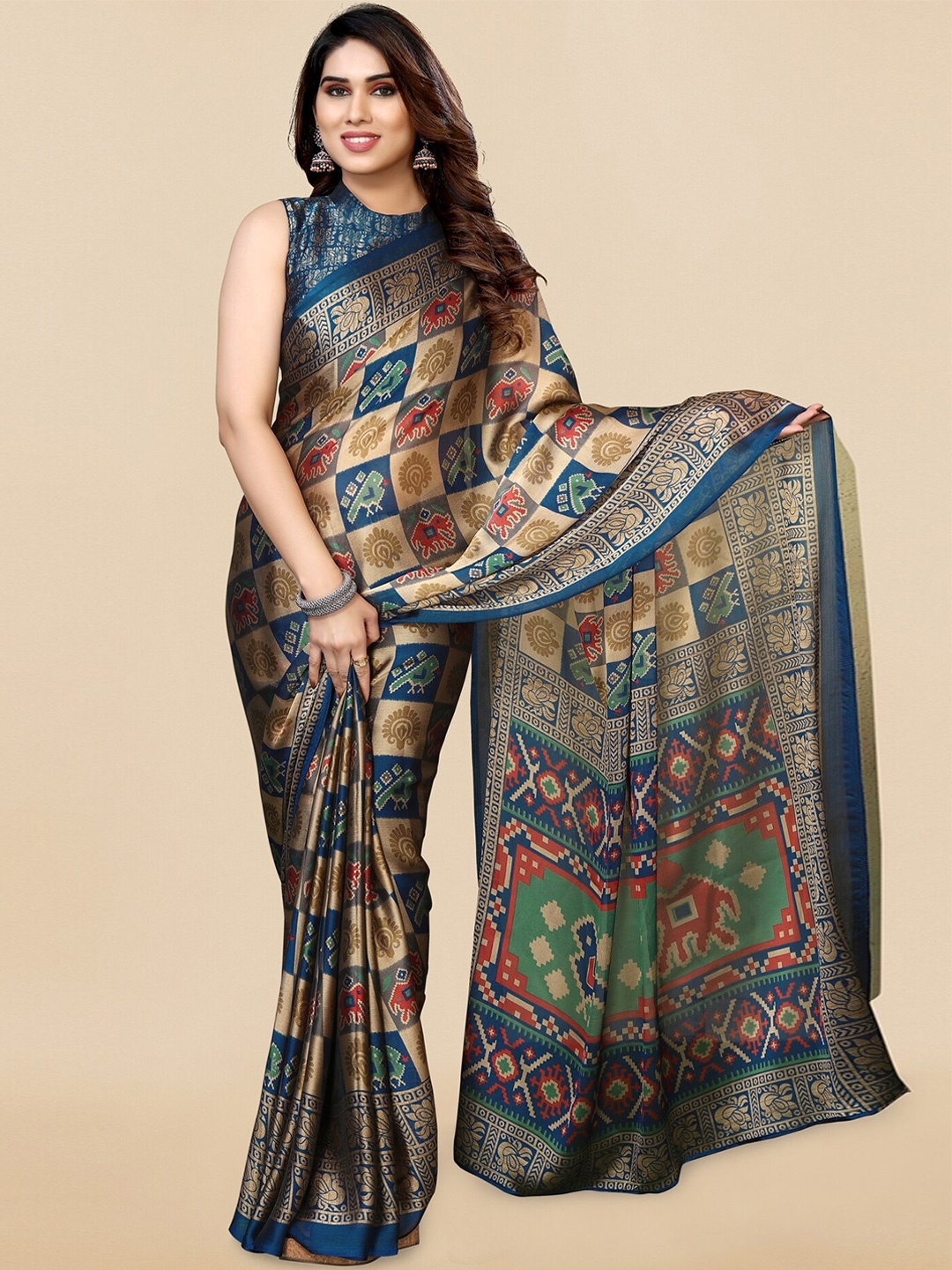 

KALINI Blue & Beige Ethnic Motifs Printed Ikat Saree