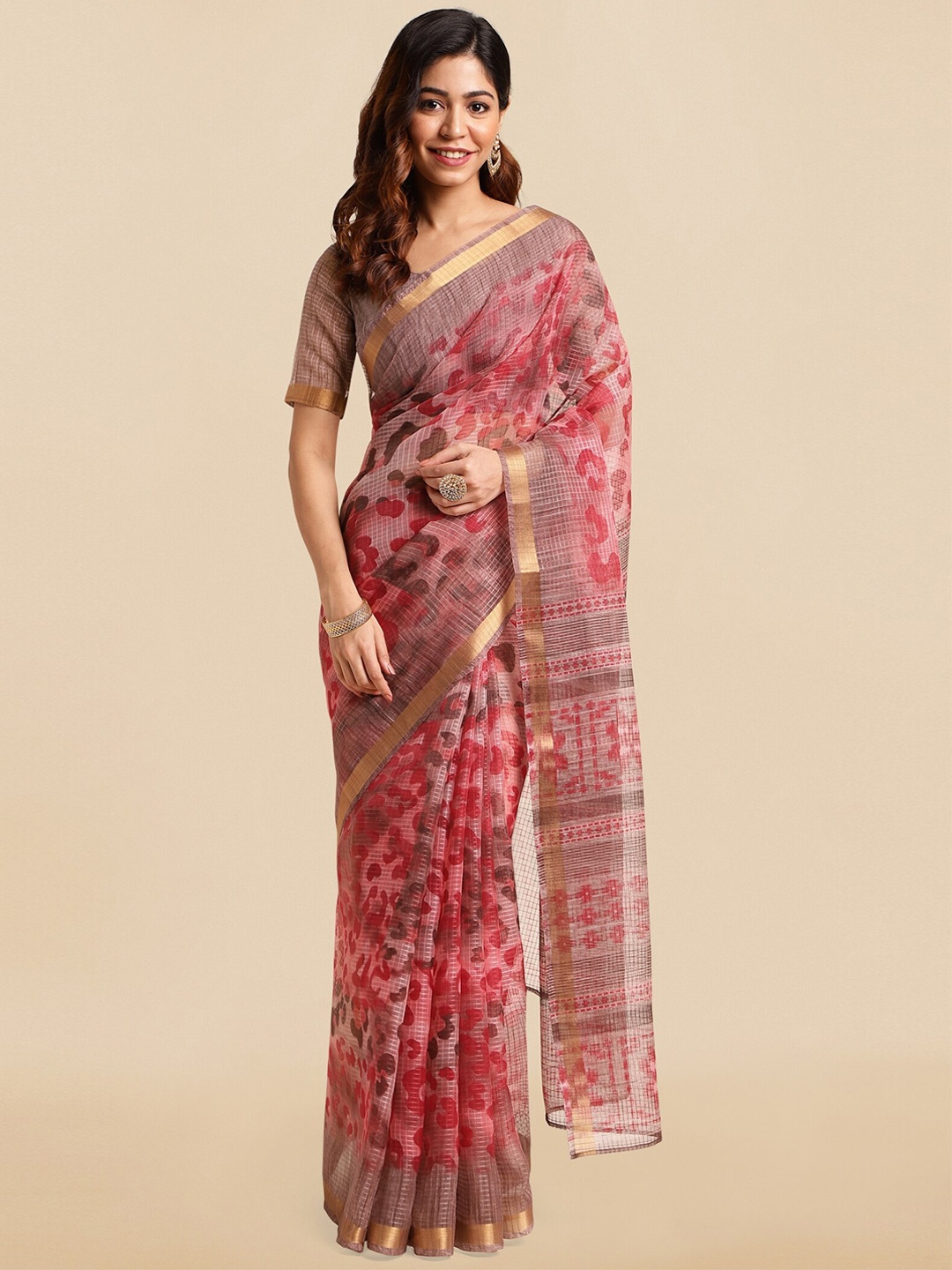 

MIRCHI FASHION Pink & Gold-Toned Abstract Printed Zari Block Print Saree