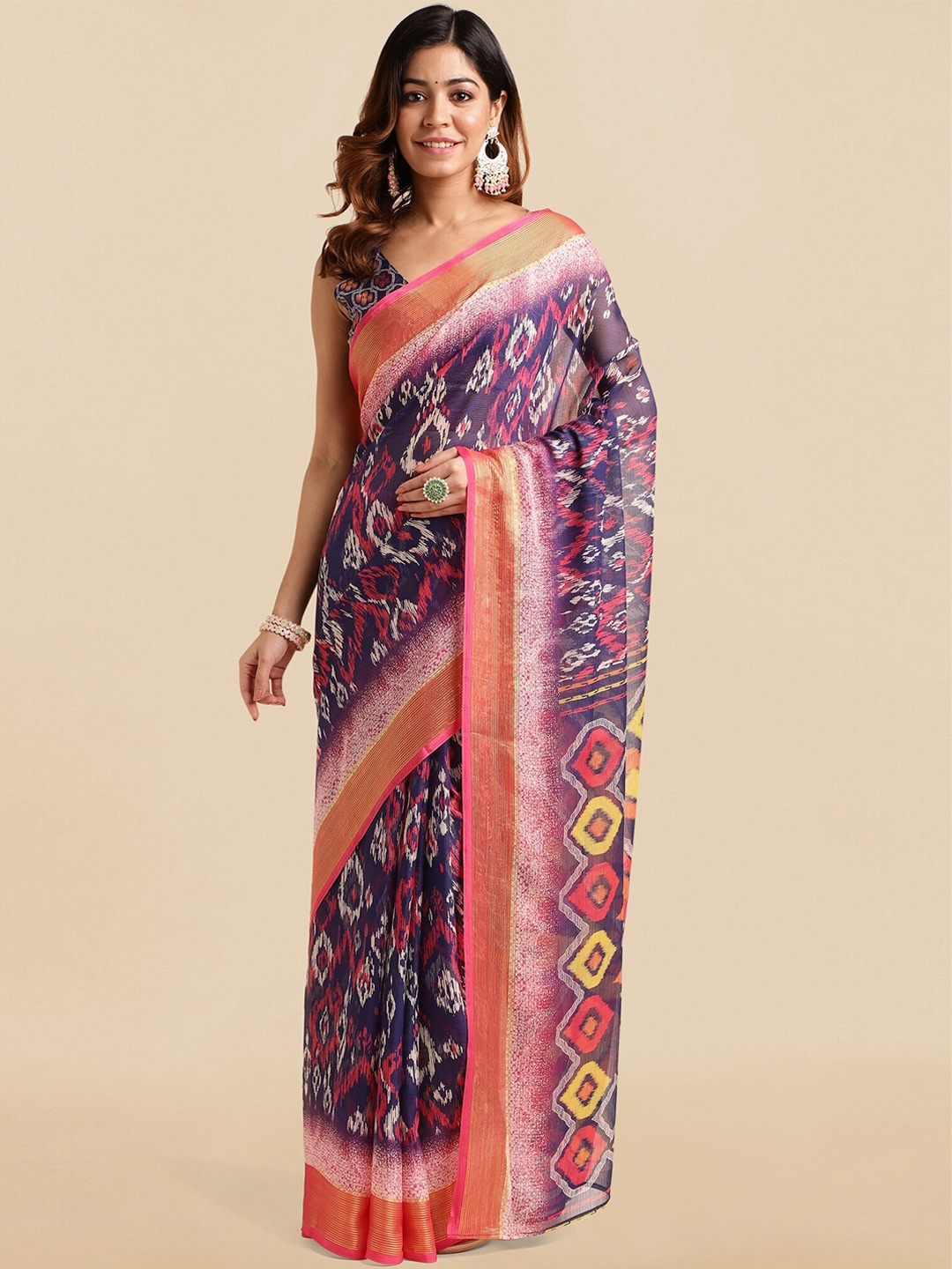 

MIRCHI FASHION Blue & Red Abstract Printed Zari Ikat Saree