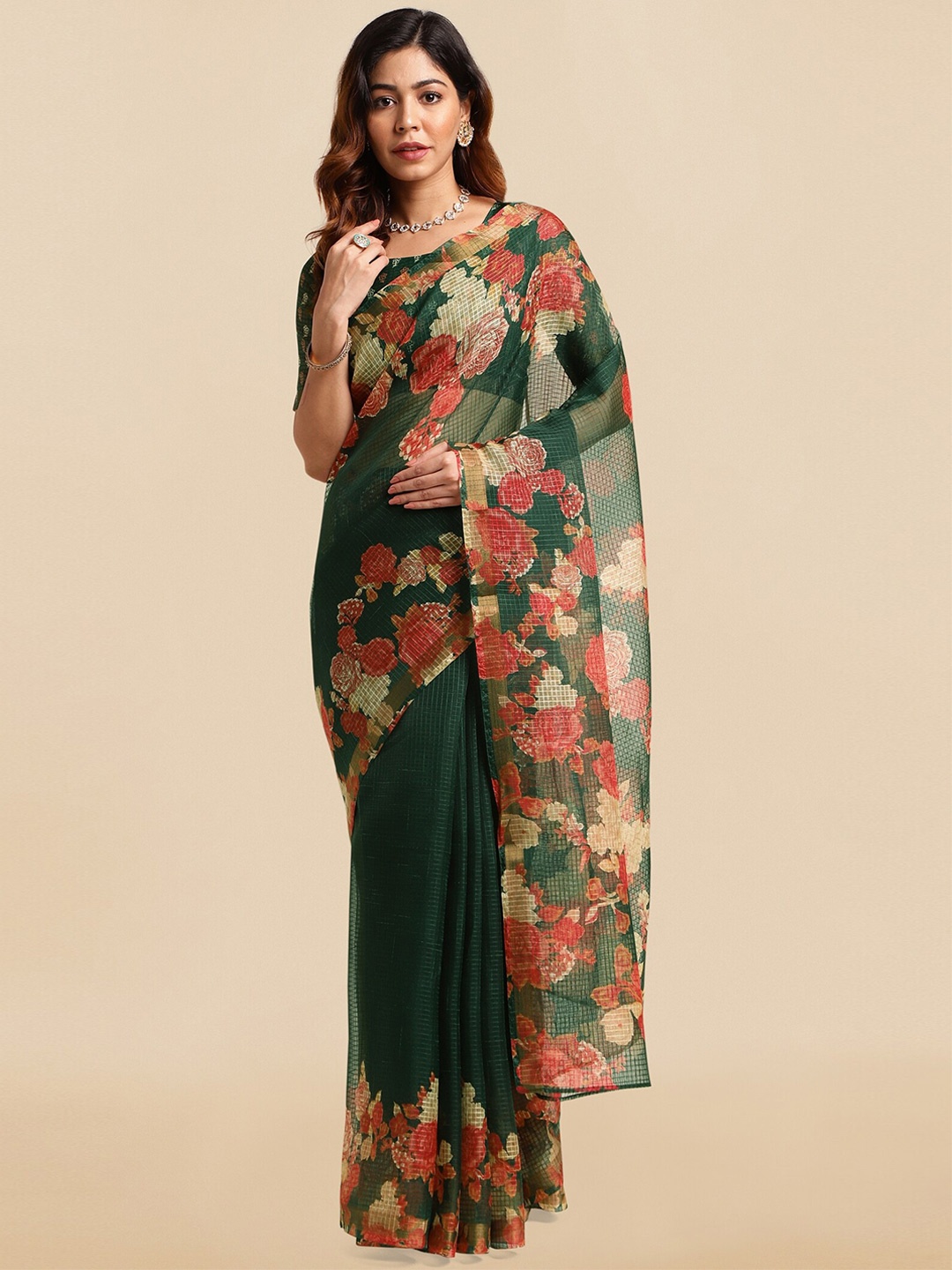 

MIRCHI FASHION Green & Red Floral Printed Kota Saree