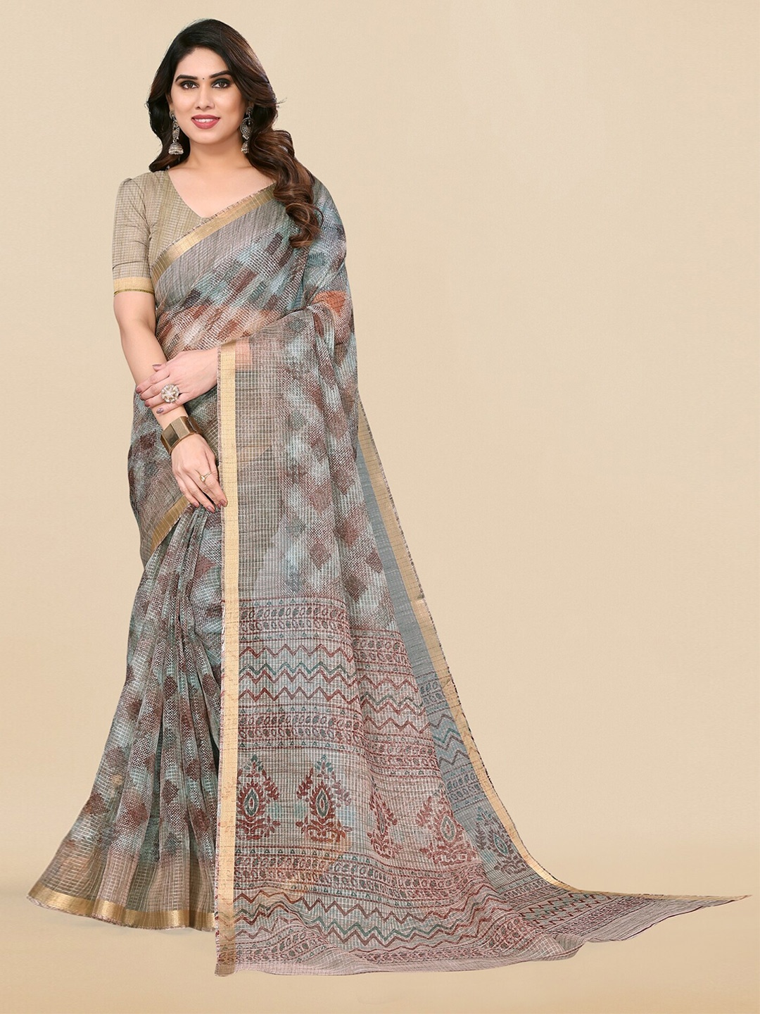 

MIRCHI FASHION Grey & Brown Abstract Printed Zari Block Print Saree