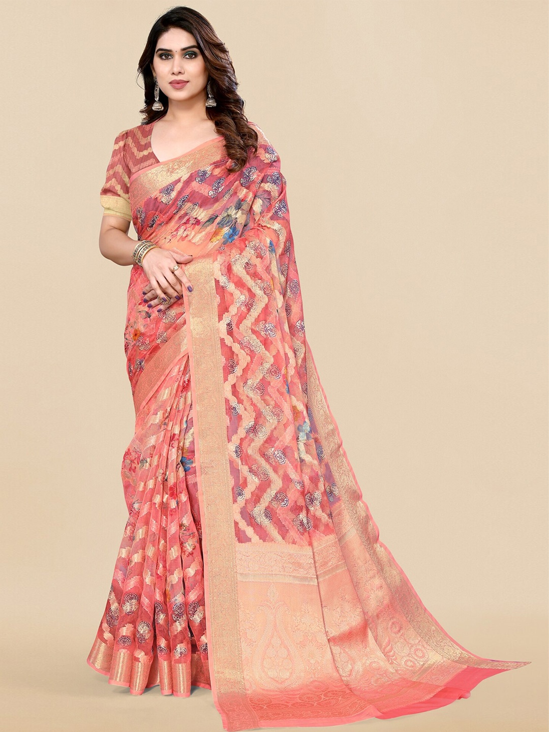 

MIRCHI FASHION Floral Woven Design Zari Organza Saree, Coral