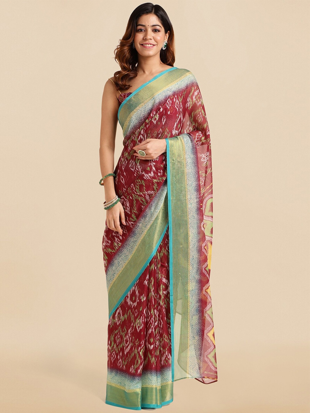 

MIRCHI FASHION Maroon & Blue Abstract Printed Zari Ikat Saree