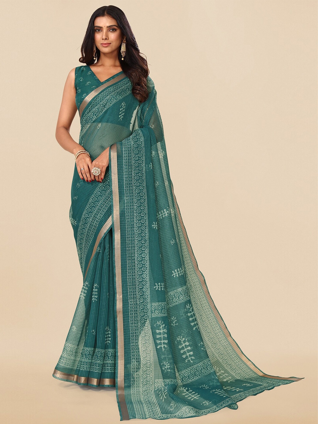 

MIRCHI FASHION Teal & Gold-Toned Ethnic Motifs Printed Zari Block Print Saree
