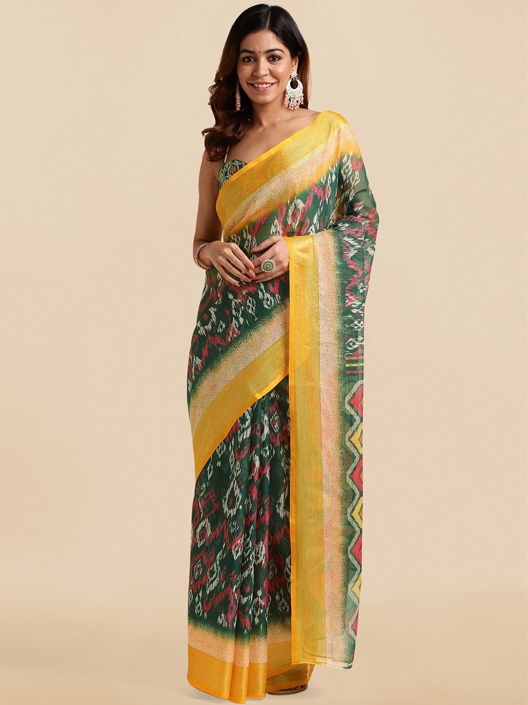

MIRCHI FASHION Green & Yellow Abstract Printed Zari Ikat Saree