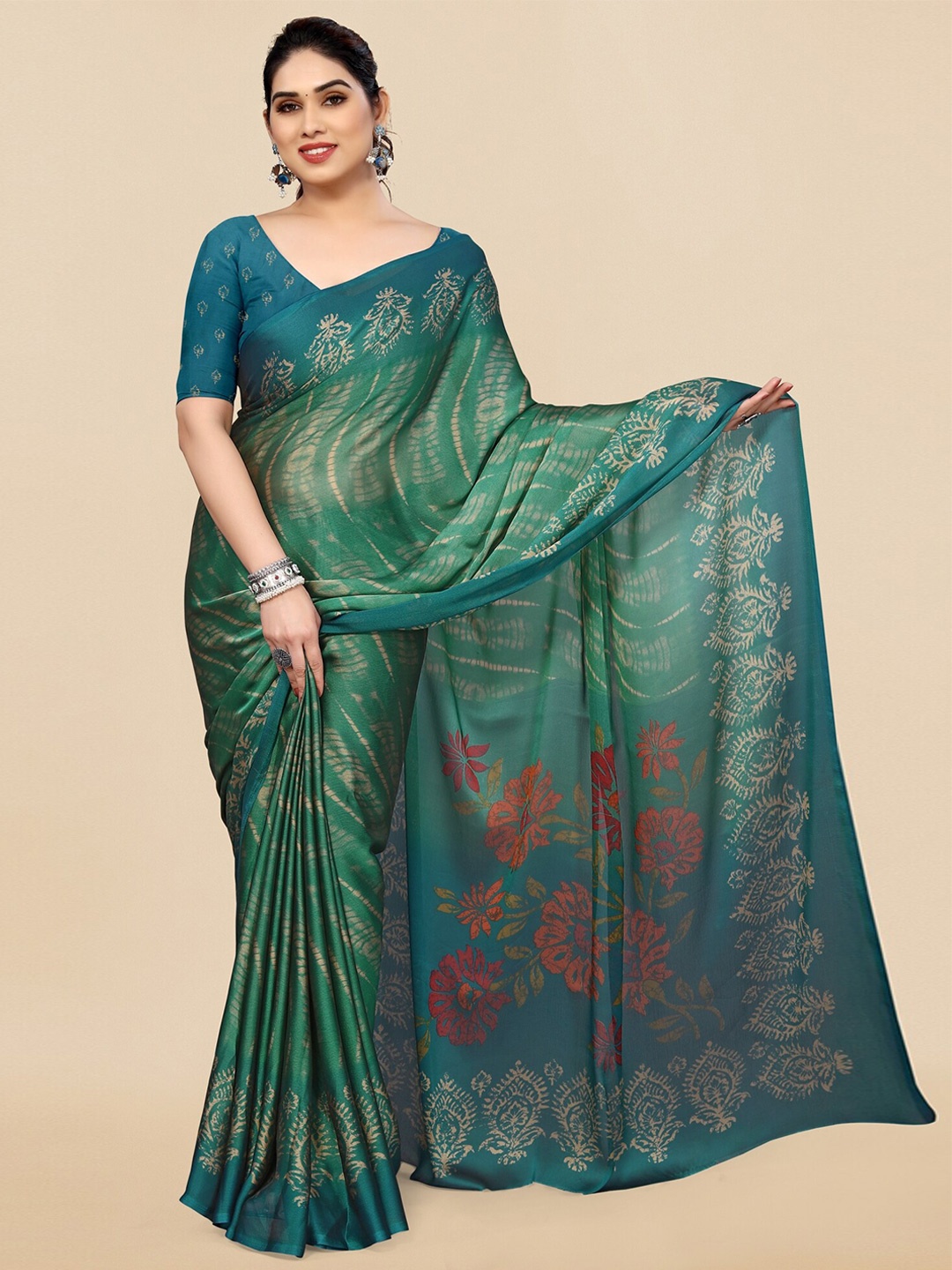 

MIRCHI FASHION Teal blue & Red Abstract Block Print Saree