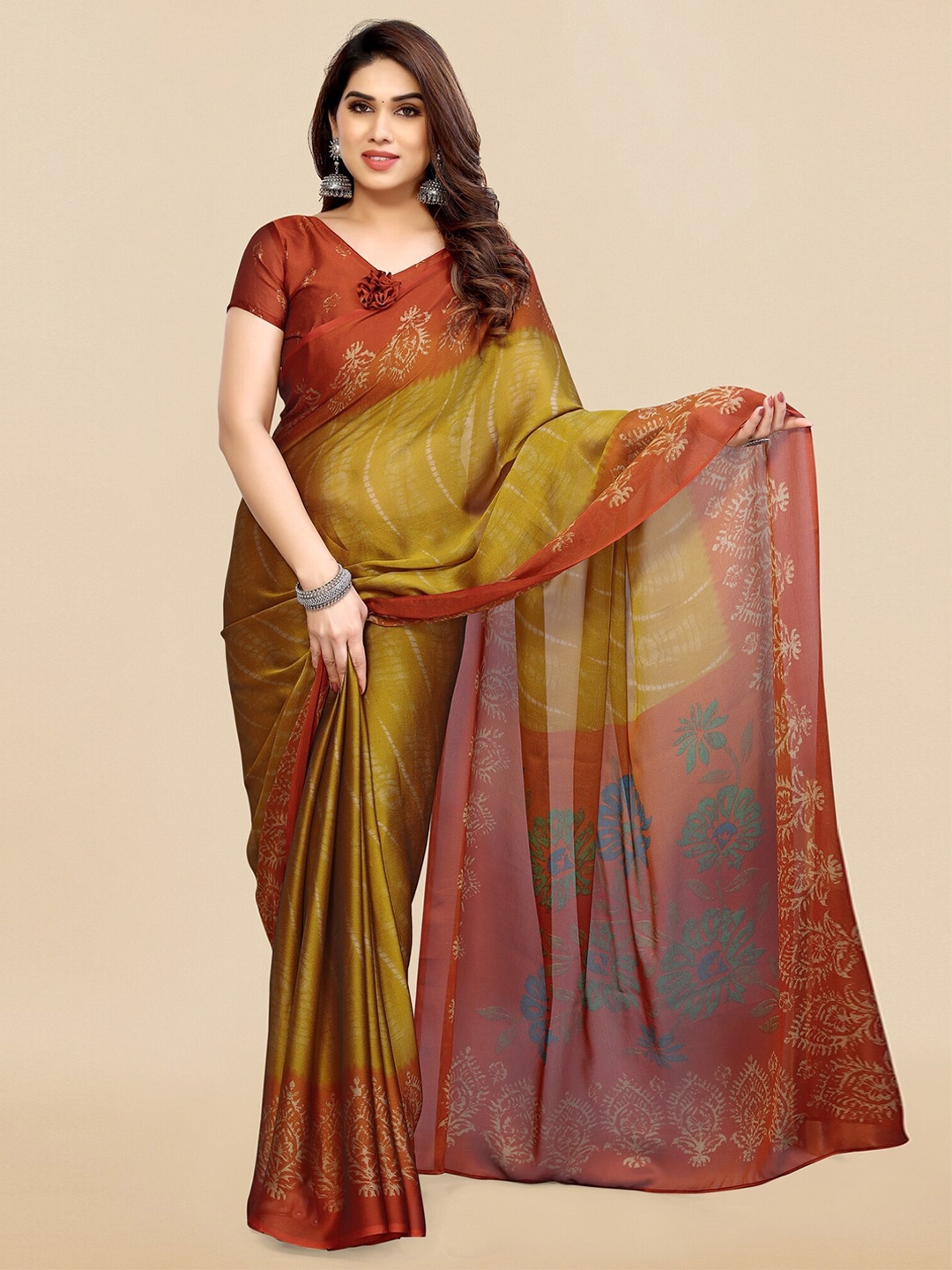 

MIRCHI FASHION Mustard & Red Floral Printed Block Print Saree