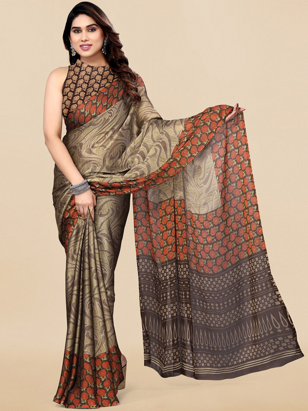 

MIRCHI FASHION Beige & Red Ethnic Motifs Printed Saree