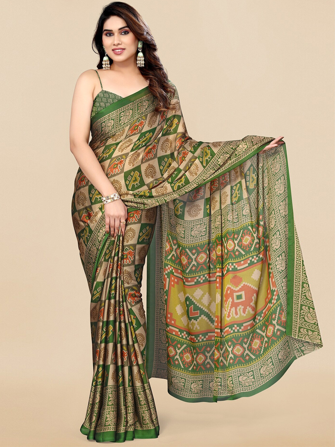 

KALINI Ethnic Motifs Printed Poly Chiffon Saree, Green