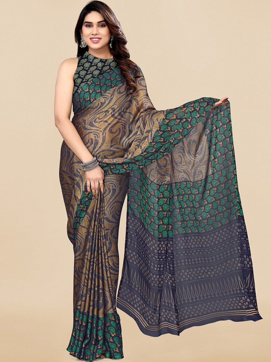 

MIRCHI FASHION Beige & Green Abstract Printed Saree
