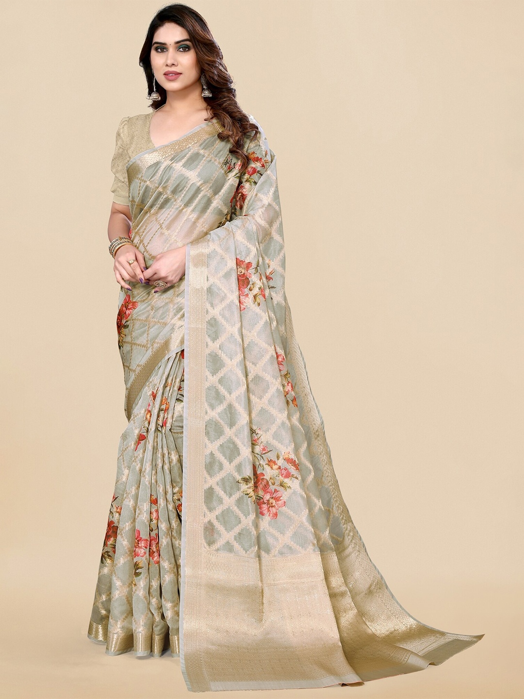 

MIRCHI FASHION Grey & Red Floral Printed Zari Organza Saree