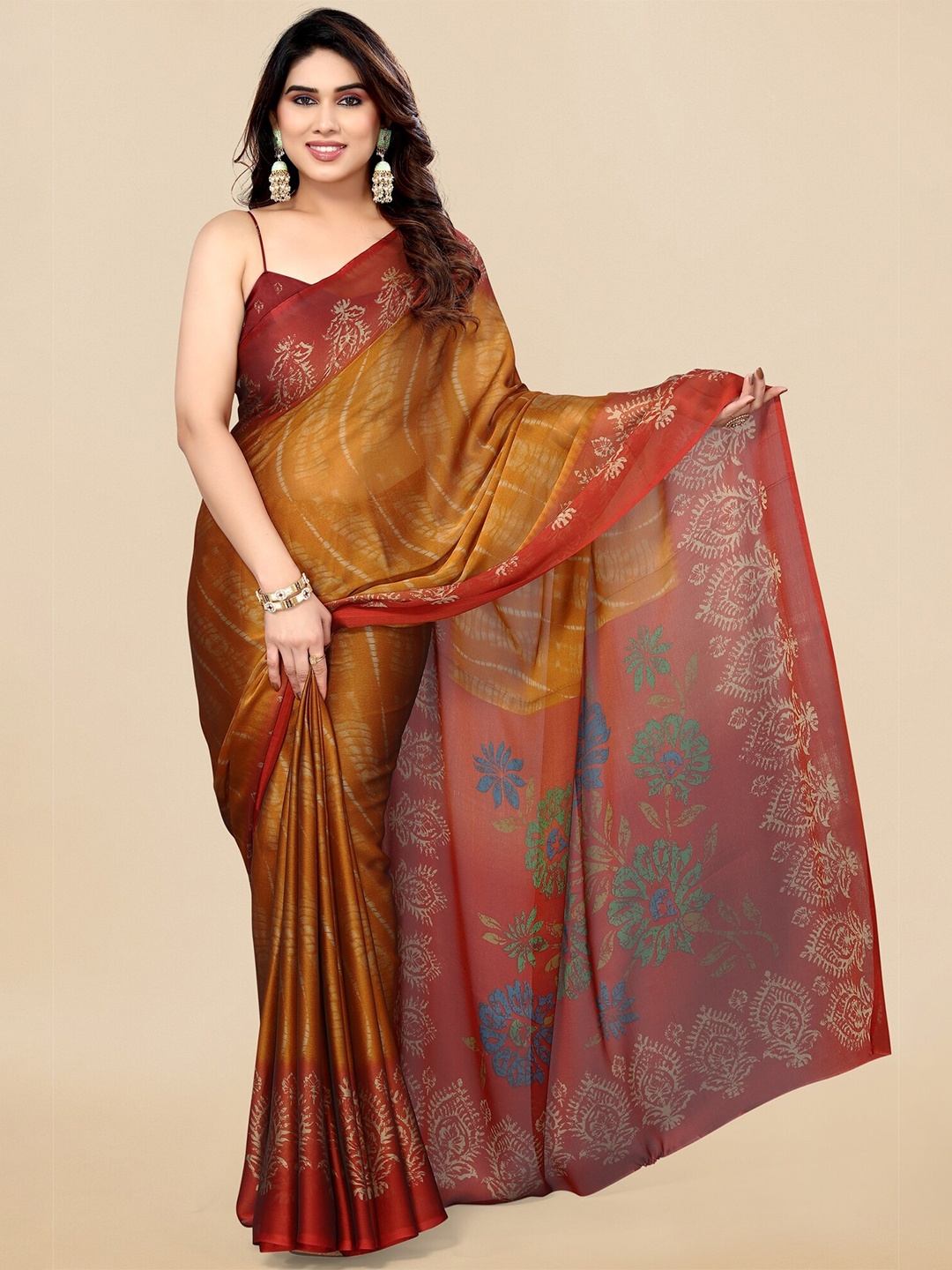 

MIRCHI FASHION Orange & Brown Floral Printed Block Print Saree