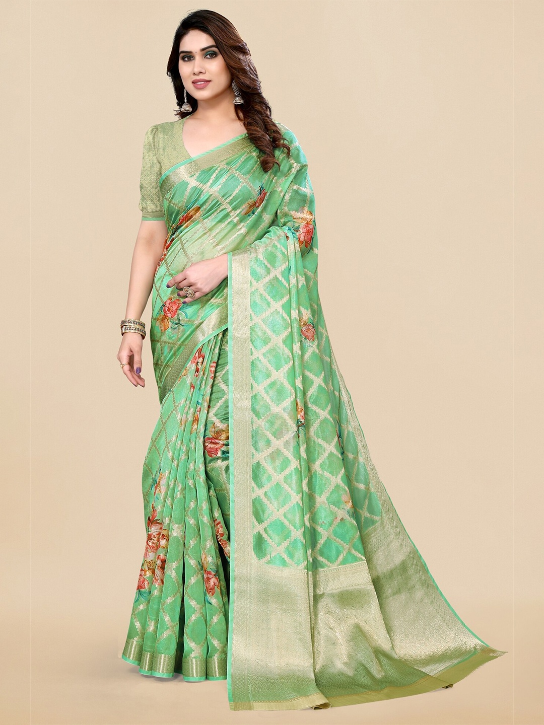 

MIRCHI FASHION Floral Printed Zari Organza Saree, Green