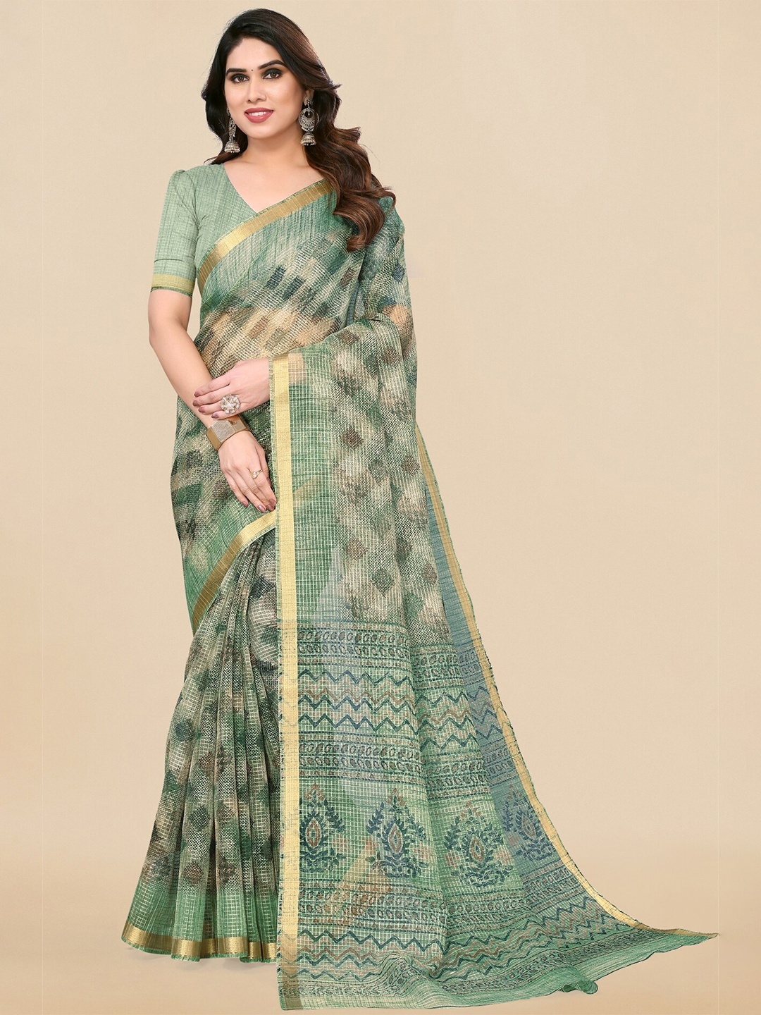 

MIRCHI FASHION Teal Green Checked Zari Kota Saree