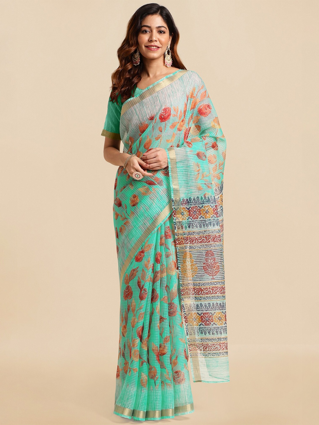 

MIRCHI FASHION Teal & Red Floral Printed Zari Block Print Saree