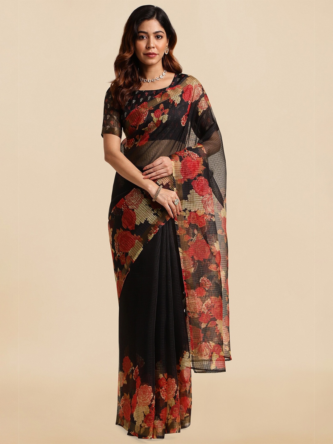 

MIRCHI FASHION Black & Red Floral Printed Kota Saree