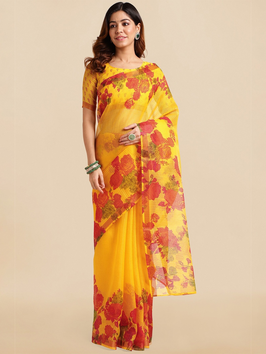 

MIRCHI FASHION Yellow & Red Floral Printed Saree