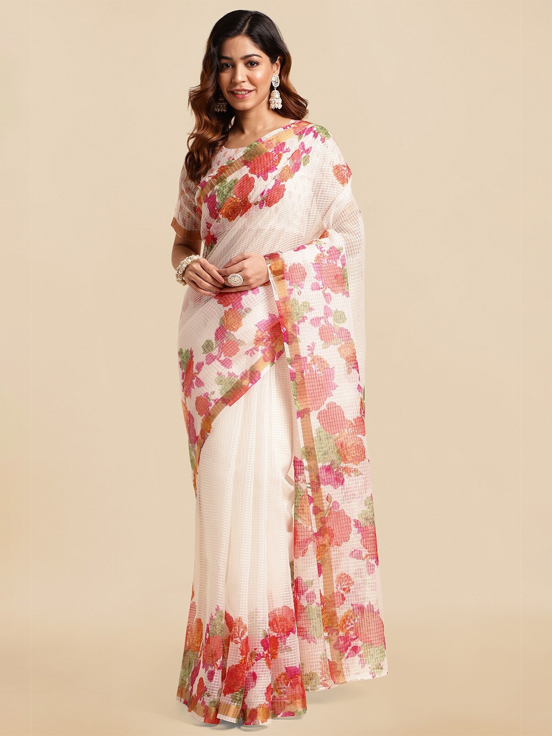 

MIRCHI FASHION White & Red Floral Printed Zari Saree