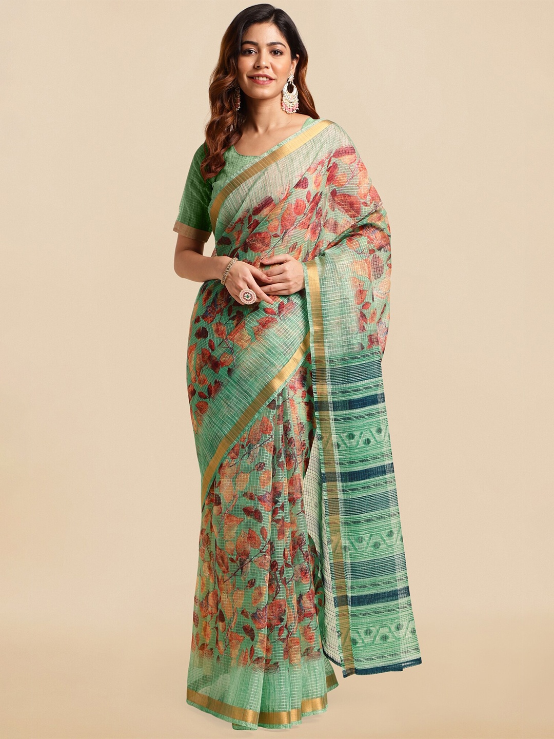 

MIRCHI FASHION Floral Printed Zari Saree, Teal