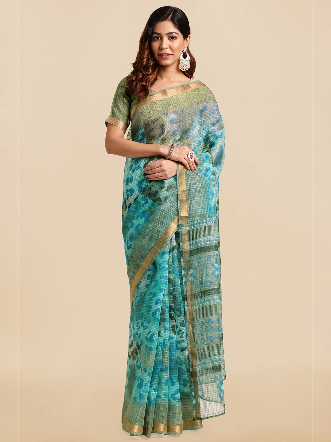 

MIRCHI FASHION Turquoise Blue & Gold-Toned Abstract Printed Zari Block Print Saree