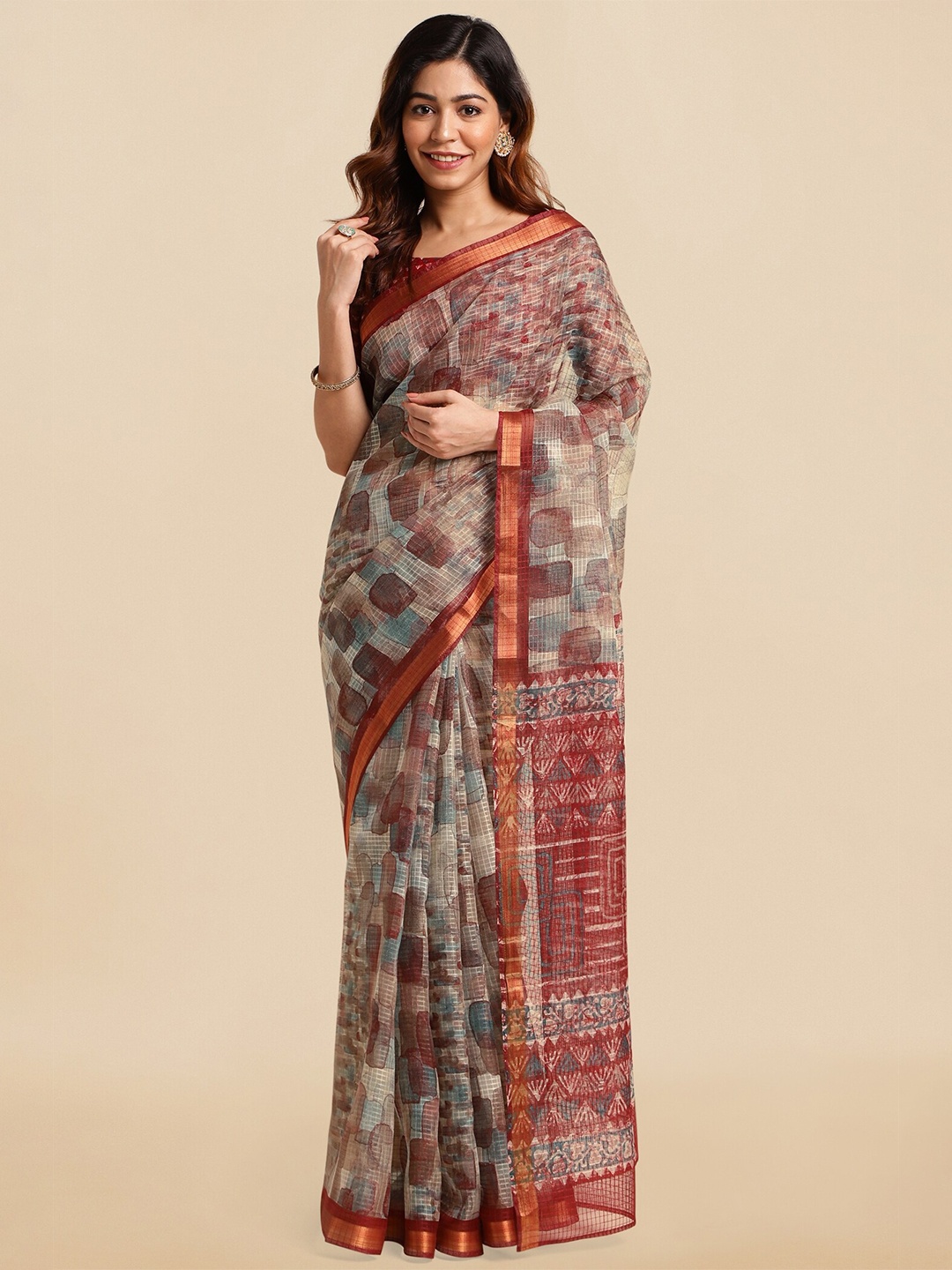 

MIRCHI FASHION Red & Beige Geometric Printed Zari Saree