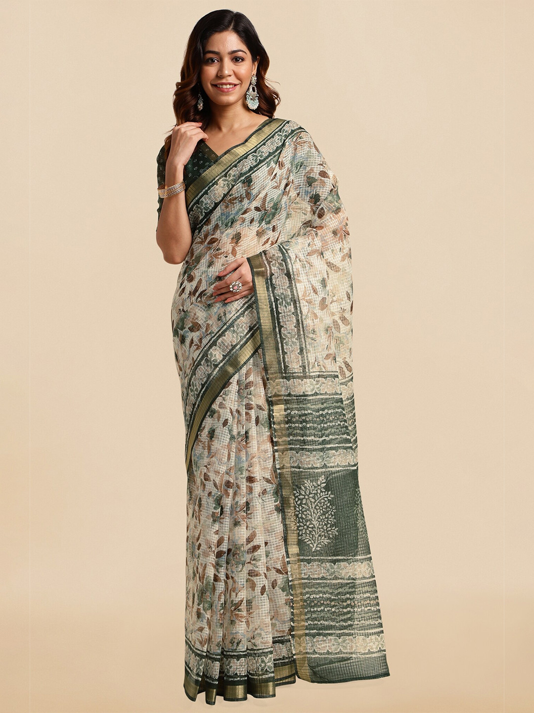 

MIRCHI FASHION Off White & Green Floral Printed Zari Block Print Saree