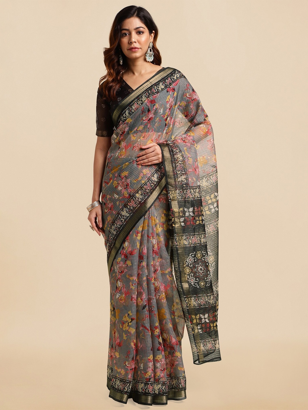 

MIRCHI FASHION Floral Printed Zari Saree, Grey
