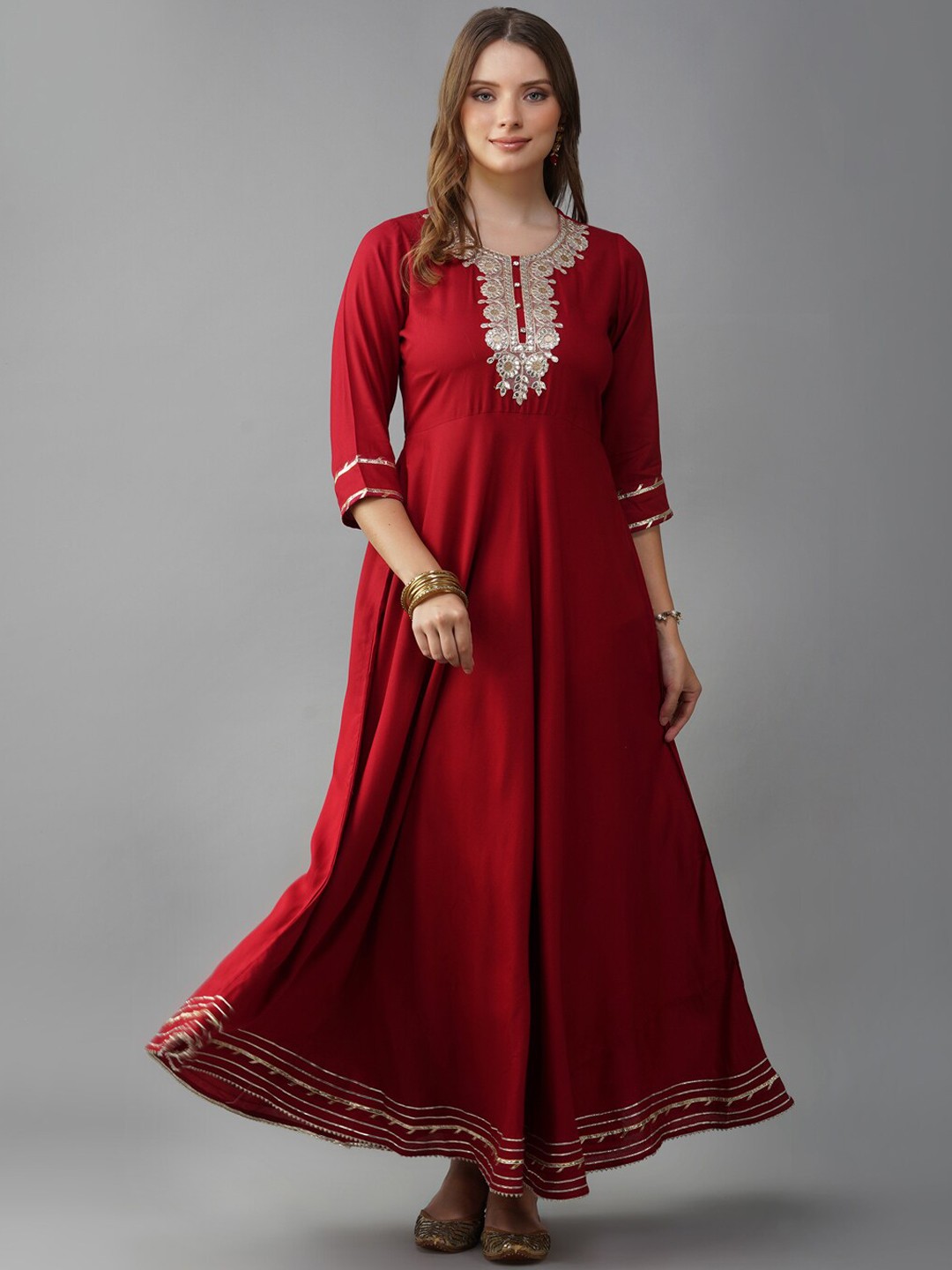 

METRO-FASHION Embroidered Fit & Flare Ethnic Dress With Dupatta, Maroon