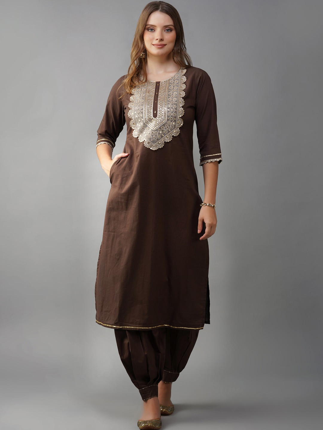 

METRO-FASHION Ethnic Motifs Yoke Design Sequinned Pure Cotton Kurta With Salwar, Brown