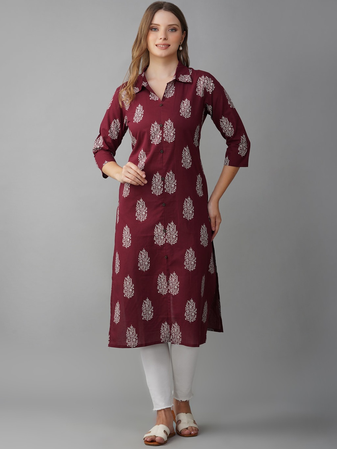 

METRO-FASHION Ethnic Motifs Printed Cotton Straight Kurta, Maroon