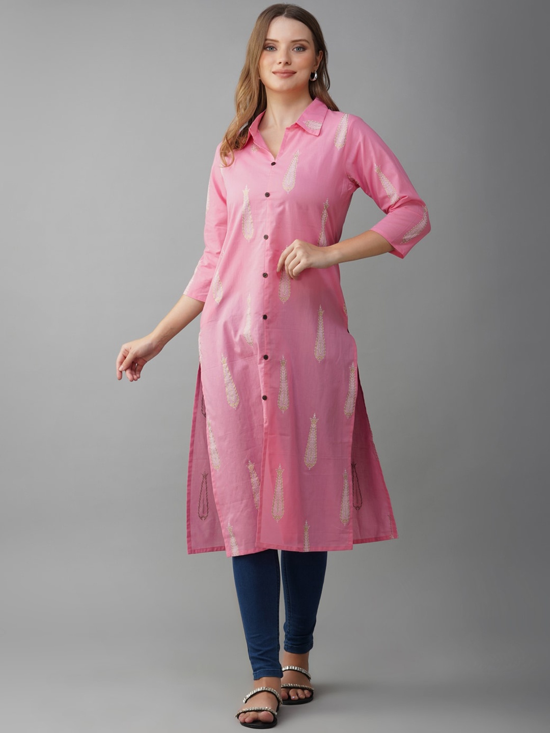 

METRO-FASHION Ethnic Motifs Printed Shirt Collar Pure Cotton Kurta, Pink