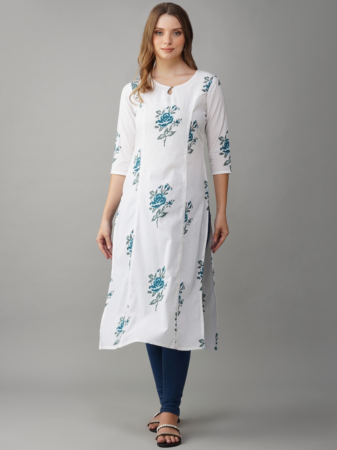 

METRO-FASHION Floral Printed Keyhole Neck Pure Cotton Straight Kurta, White