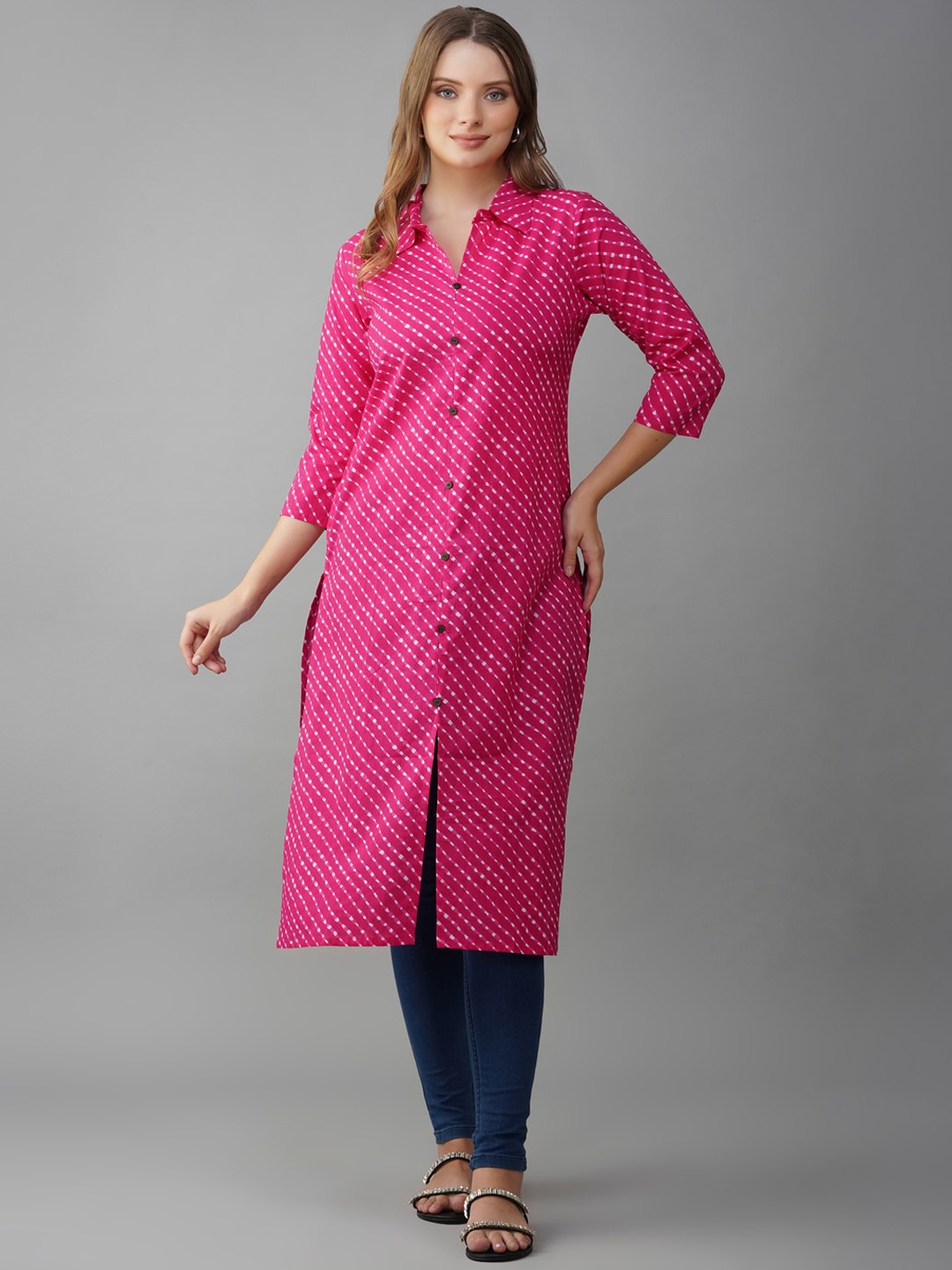

METRO-FASHION Striped Shirt Collar Pure Cotton Kurta, Pink