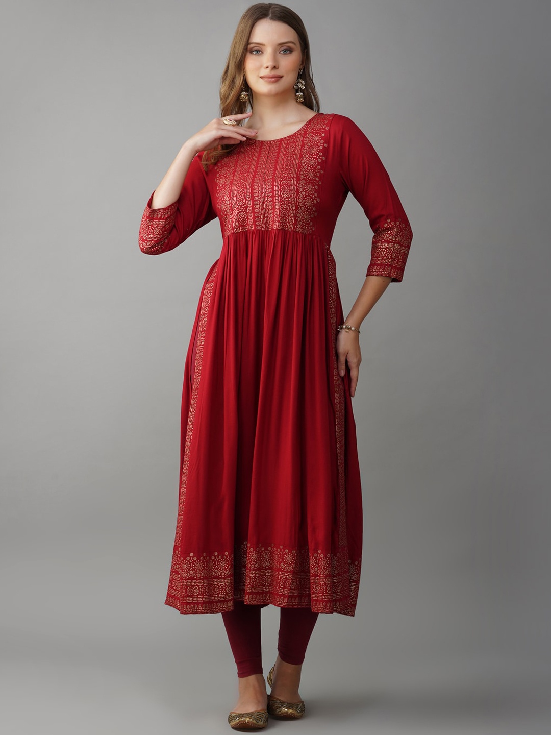 

METRO-FASHION Ethnic Motifs Yoke Design A-Line Kurta, Maroon