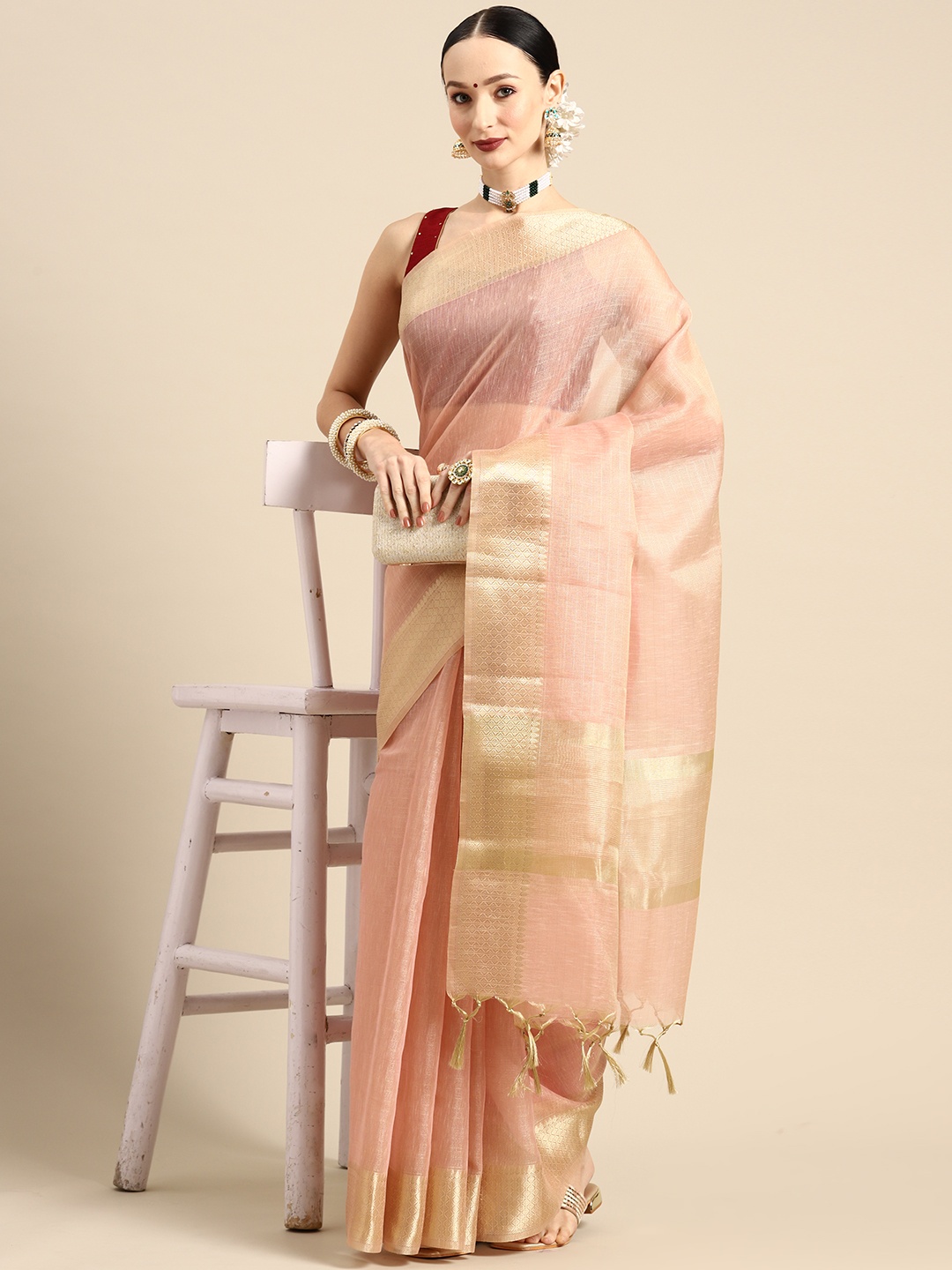 

Simaaya Zari Saree, Peach