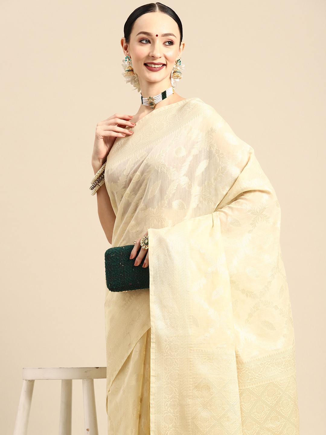 

Simaaya Woven Design Ethnic Motifs Zari Pure Cotton Saree, Cream