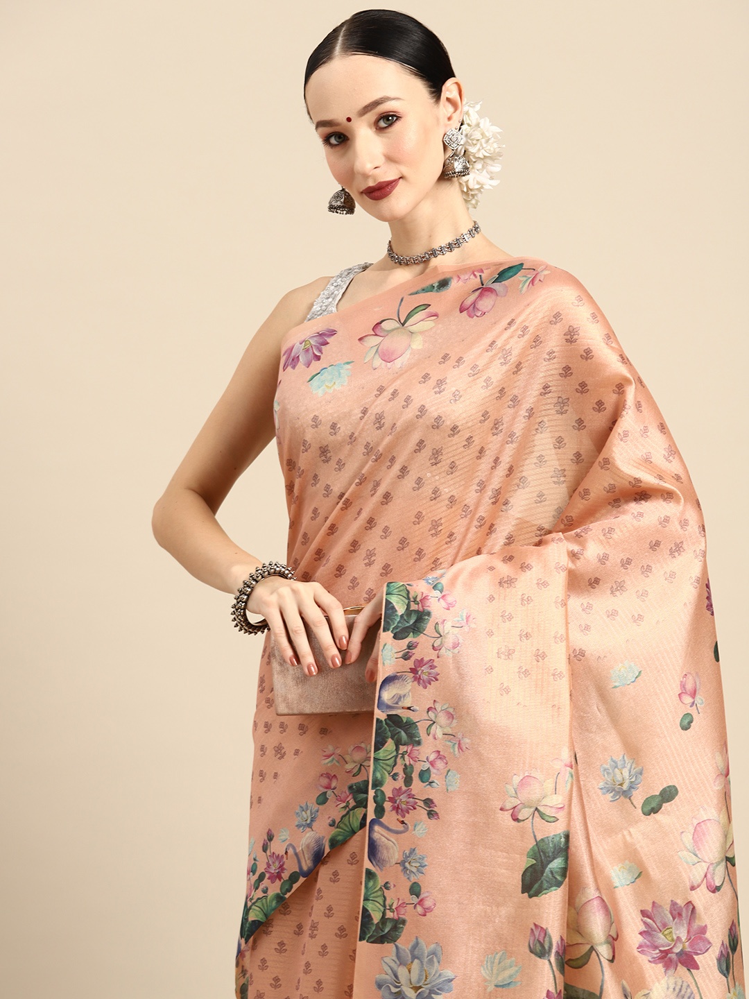 

Simaaya Floral Printed Zari Saree, Peach