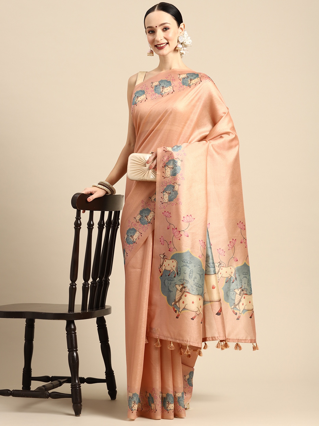 

Simaaya Solid Zari Saree, Peach