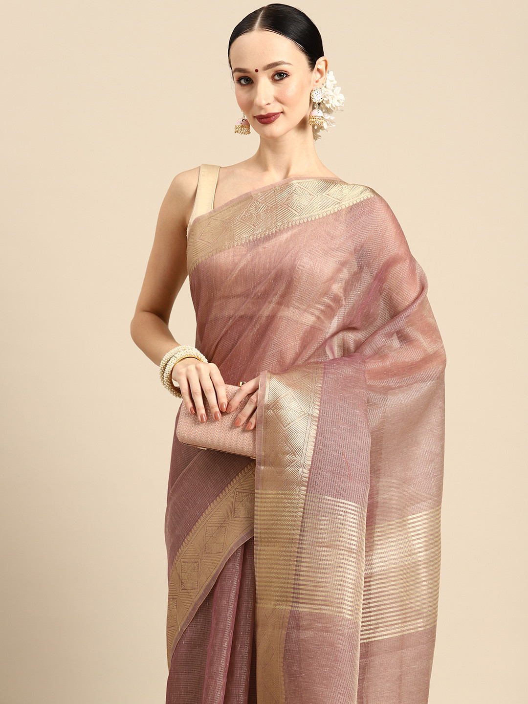 

Simaaya Solid Woven Design Zari Saree, Brown