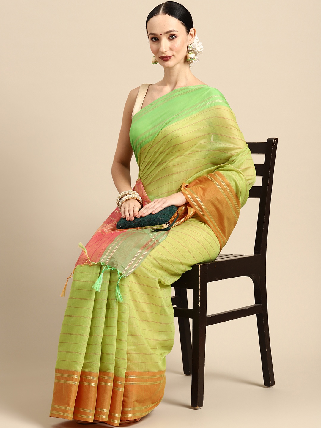 

Simaaya Striped Zari Saree, Green