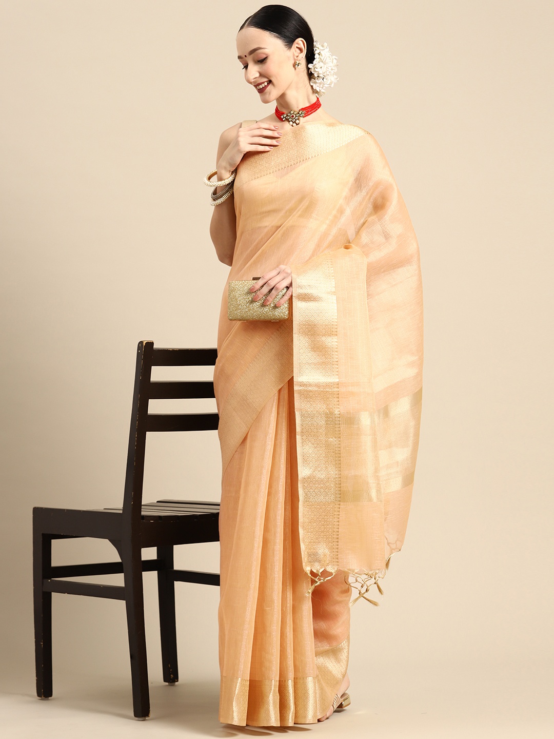 

Simaaya Solid Woven Design Zari Saree, Brown