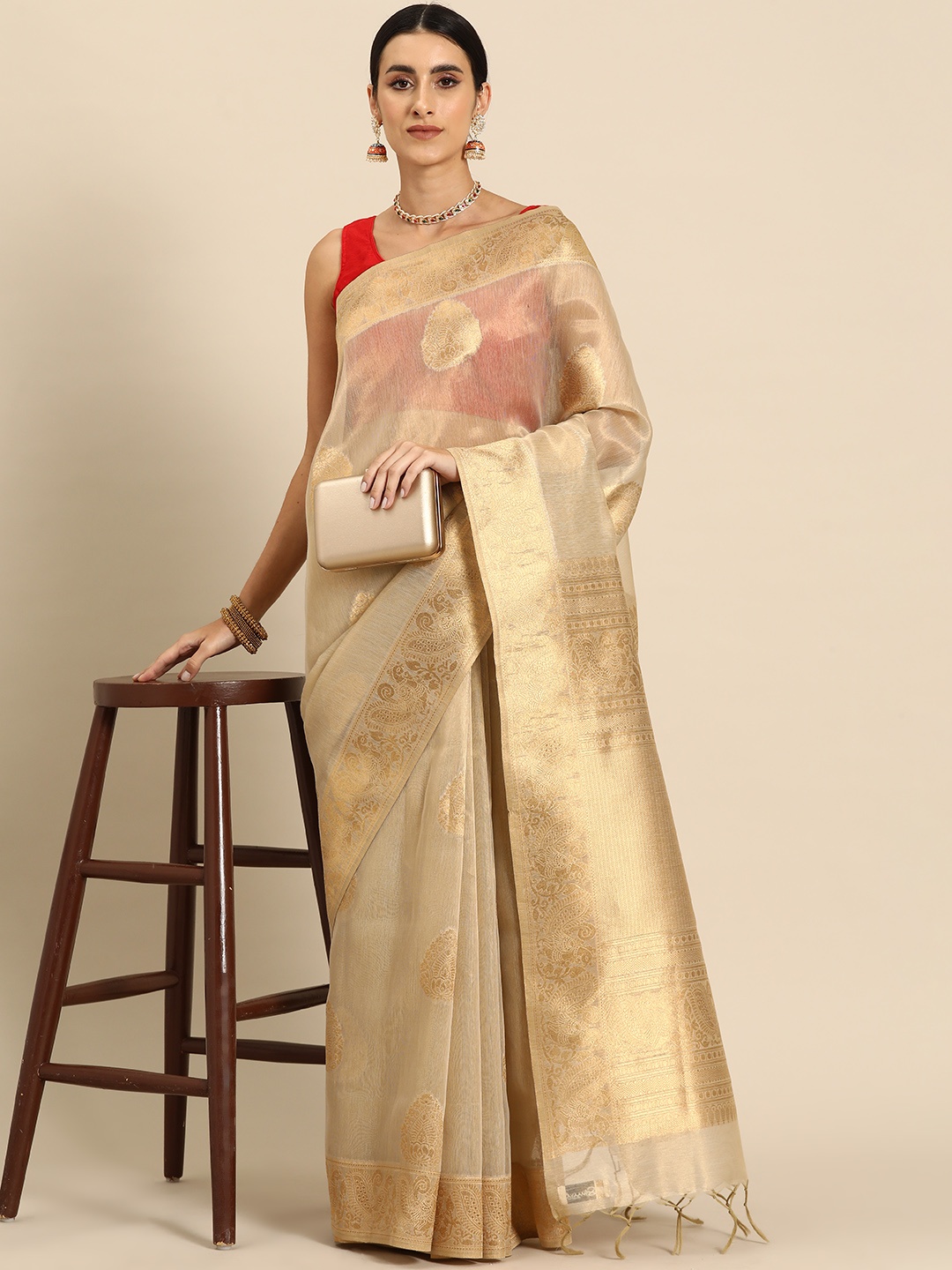 

Simaaya Ethnic Motifs Zari Silk Blend Tussar Saree, Beige